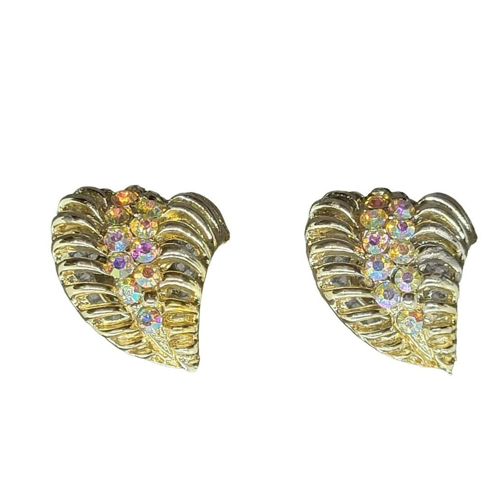 VTG 2 Pins Brooches Lapel Collar Sweater Clips AB Crystals Gold Tone